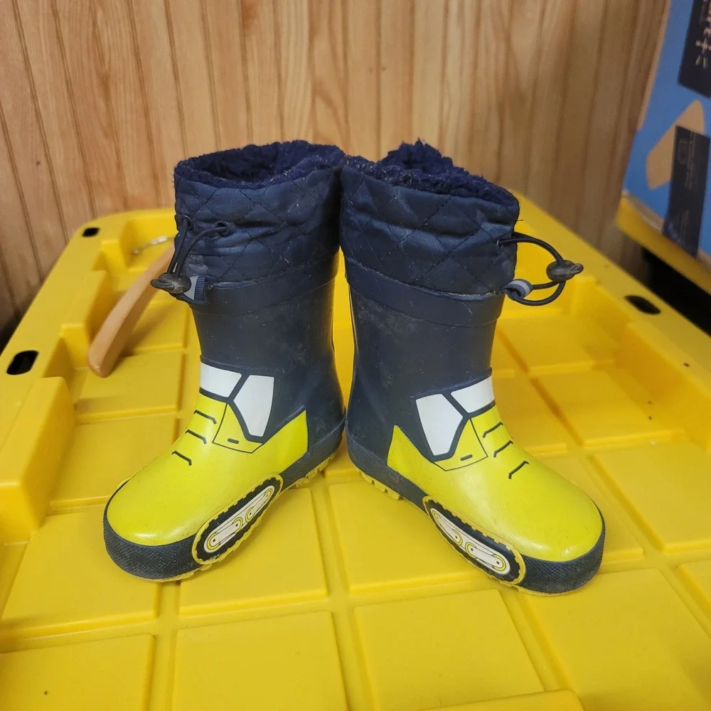 London Fog Kids Navy Yellow‎ Construction Excavator Rain Boots Size 7 Toggle Fur